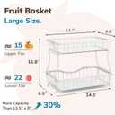 White 2 Tier Large Fruit Basket for Kitchen Counter with 2 Banana Hangers, Metal Fruit Bowl for Onion Vegetable Bread Snack, Countertop Organizer 14.5" W x 9.5" D