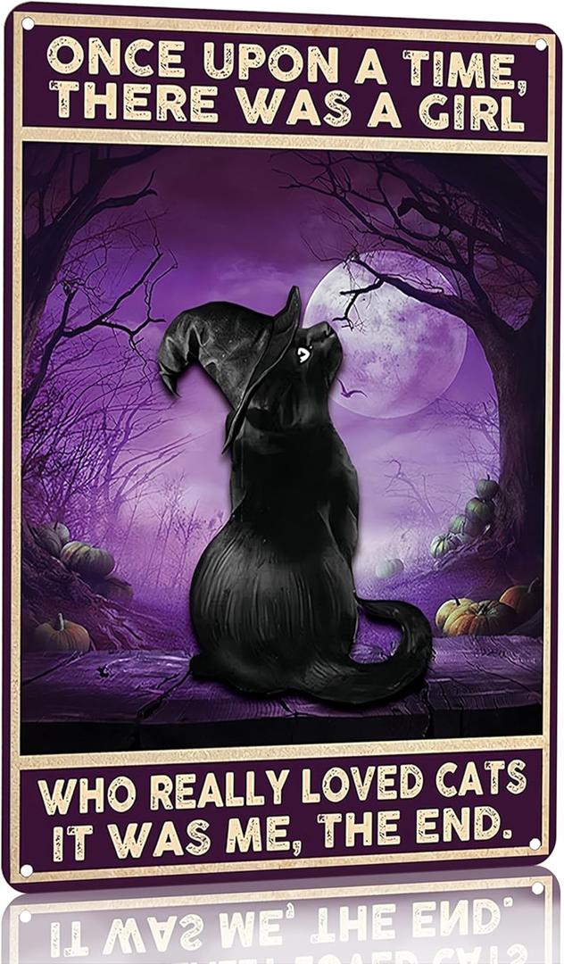 2 x Women Girls Gift Funny Halloween Witch Cat Sign Cat Lovers Once Upon A Time I Pick Up A Black Cat Tin Sign Wall Art for Home Living Room Bedroom Decor 8 x 12 Inches (3139) (Purple)