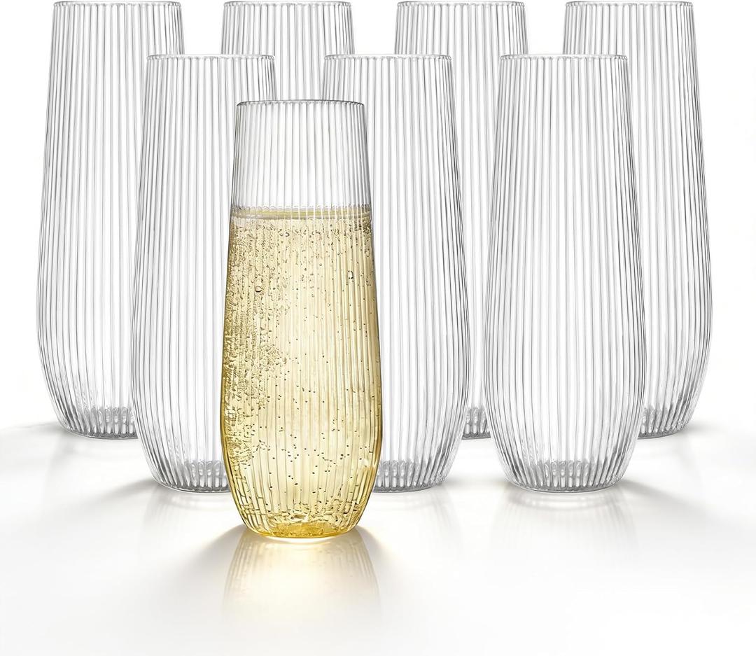 HOMIP 36pcs Clear Plastic Champagne Flutes - 9oz Disposable Champagne Flutes Stemless Toasting Glasses, Ribbed Ripple Design (BPA-Free) for Weddings, Bars & Events - Disposable Party Cups