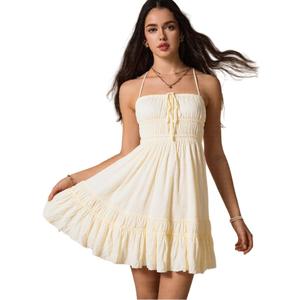 ForeMode Summer Deep V Neck Bohemian Women Mini Short Dress Backless Beach Boho Dress (Yellow, XL)