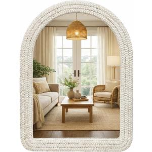 30" x 40" Arched Wall Mirror, Handwoven Natural Corn Husk Fiber with Light Whitewashed Finish, Warm Boho Coastal Style for Entryway, Bedroom, Living Room, Vertical Hanging