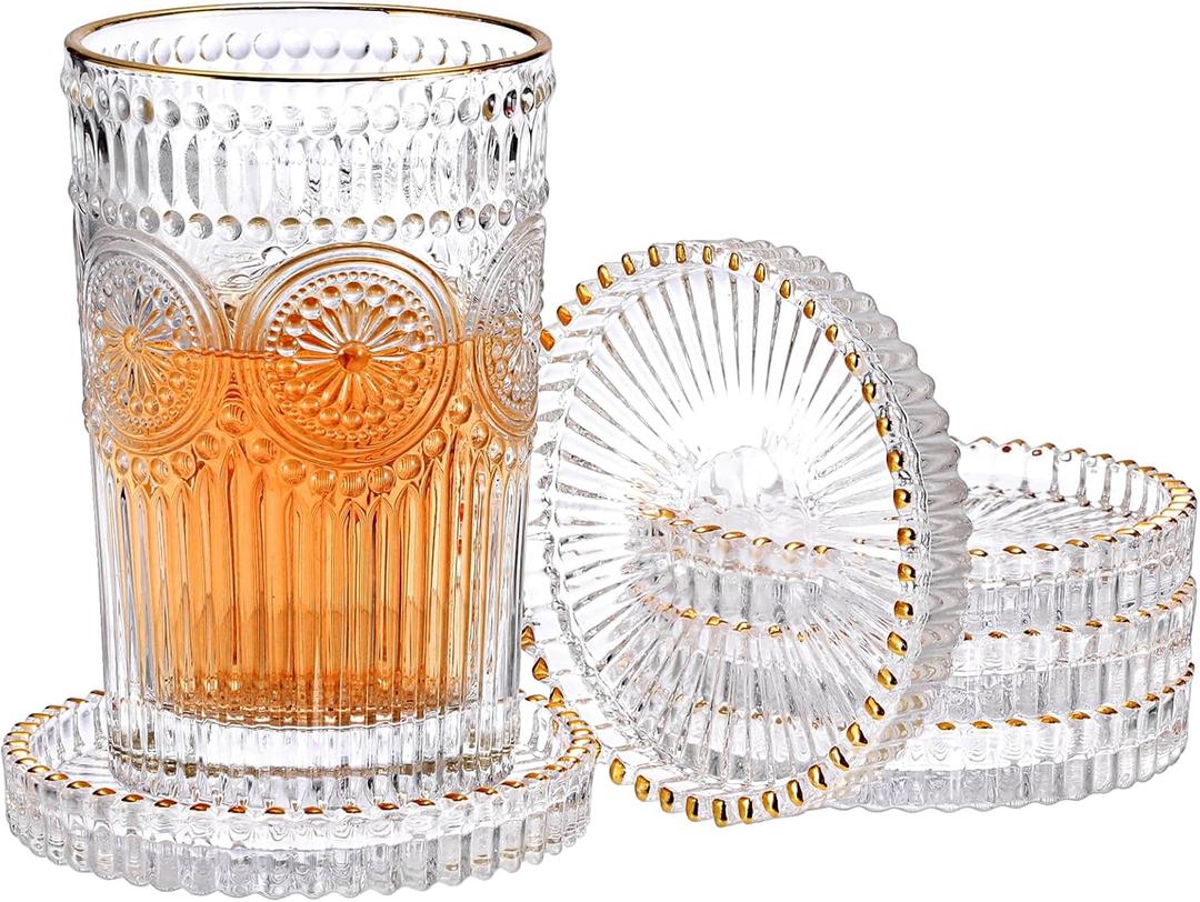 Set of 5 Modern Clear Coaster, Glass Coasters for Drinks, Crystal Coasters Round Cup Mat, Coffee Table Decor for Office, Kitchen, Bar, Dining Room, Living Room, Patio (Clear with Gold Rim)