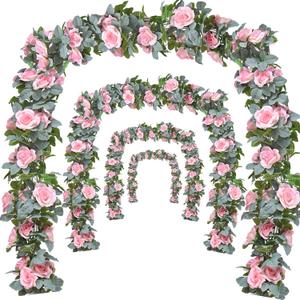 Flower Garland Rose Vine 4Pcs 28FT Artificial Floral Garland with Green Leaves Hanging Rose Vine for Wedding Party Garden Home Wall Decor (Light Pink)