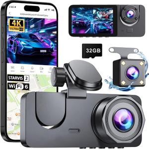 Dash Cam Front and Rear Inside,4K Full HD 3 Channel Dash Camera for Cars, Free 32GB Card, Dashcam with Night Vision, G-Sensor, 24H Parking Mode, 170°Wide Angle, Loop Recording