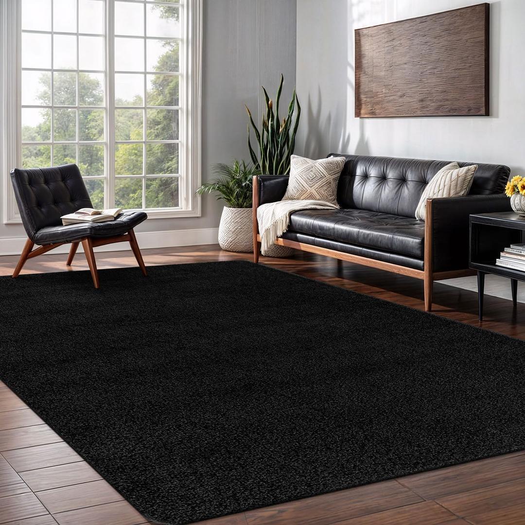 Area Rug 8x10 Black Washable Indoor Rug Solid Non Slip Easy to Clean Non Shedding Indoor for Living Room Bedroom Kitchen Dining Room or Hallway (8 X 10 Black)