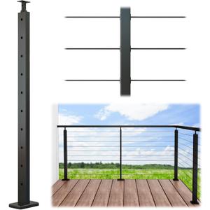 Intermediate Post Level drilled 33" Adjustable Top Cable Railing Post Top Mount Black Rectangular Stainless Steel Wood Concrete Level Deck, PS11 BH4S