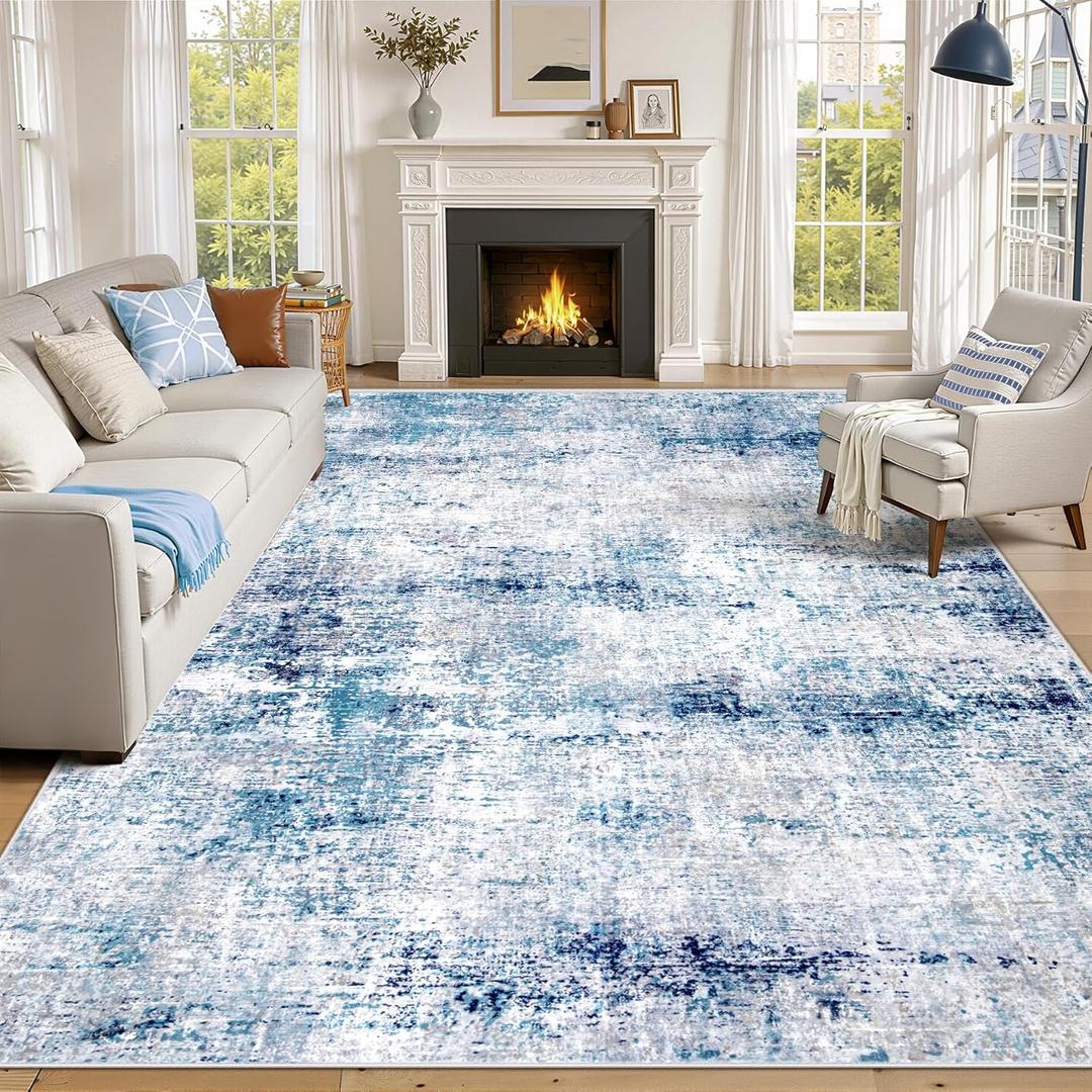 Washable Rugs 8x10 for Living Room: Soft Area Rug Modern Abstract Neutral Rugs Large Non Slip Low Pile Carpet for Bedroom Dining Room Office Playroom(Blue, 8'x10')