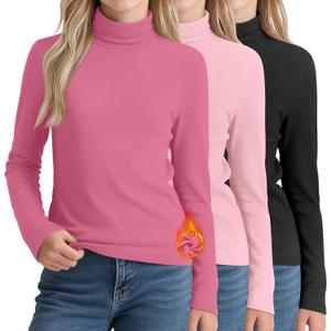 LessonZoo 3 Pack Girls Turtleneck T Shirt, Fleece Mock Neck Thermal Tops Long Sleeve Kids Sweater Soft Base Layer Undershirt (5-6 Years, Rose Red, Coral Pink, Black) 