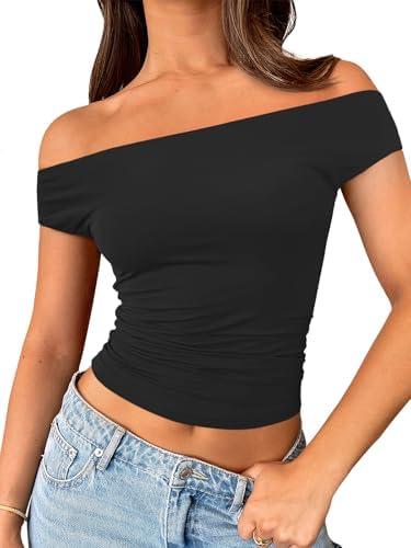 Trendy Queen Off The Shoulder Tops for Women Going Out Y2K Summer Cute Shirts Sexy 2025 Double Lined Spring Club Outfits Size M