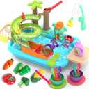 4-in-1 Play Kitchen Sink Toy Set with Running Water, Cutting Food Toys, Montessori Educational Pretend Play for Girls & Boys Ages 3+ (Blue)