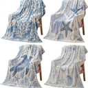 Frienda 4 Pcs Nautical Coastal Throw Blanket Beach Soft Lightweight Fleece Ocean Themed Starfish Seashell Coral Sea Turtle Seahorse Pattern Cozy Flannel Blanket Gift Sofa Couch Bed Room Decor 50x60 (Blue, White, and Gray Tones)