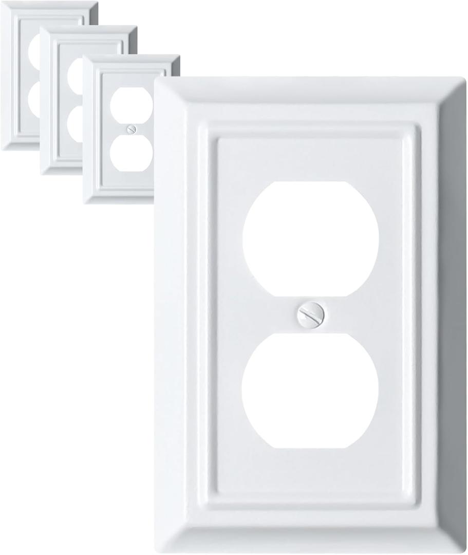 Metal Decorative Wall Plate, Electrical Outlet Covers, Light Switch Covers, Thick and Durable Mid Size 3.16'' x 4.92'' Switch Plate in Various Styles (Pure White, 1 Gang Duplex 4 PK)