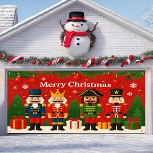 IVN Nutcracker Christmas Garage Door Cover 13x6 ft Large Merry Christmas Garage Door Banner with 4 Nutcracker Soldiers Red background Scene Reusable Polyester Xmas Garage Door for Single Car Garage