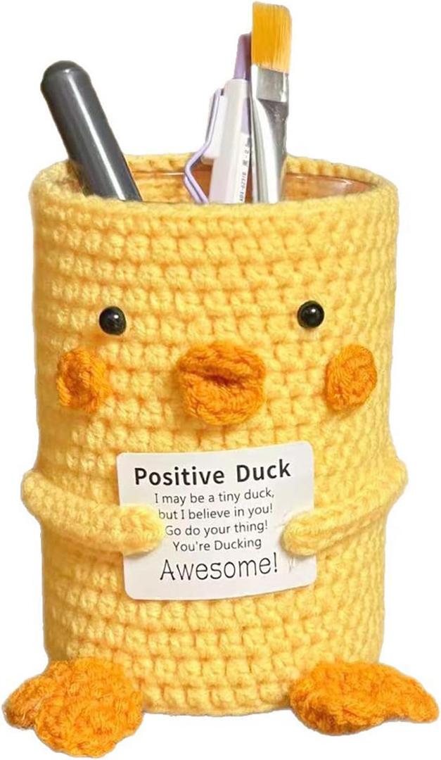 Positive Crochet Duck Pen Holder, Handmade Emotional Support Ducks Crochet Pen Makeup Brushes Holder with Positive Card Desktop Decor-16-positive duck