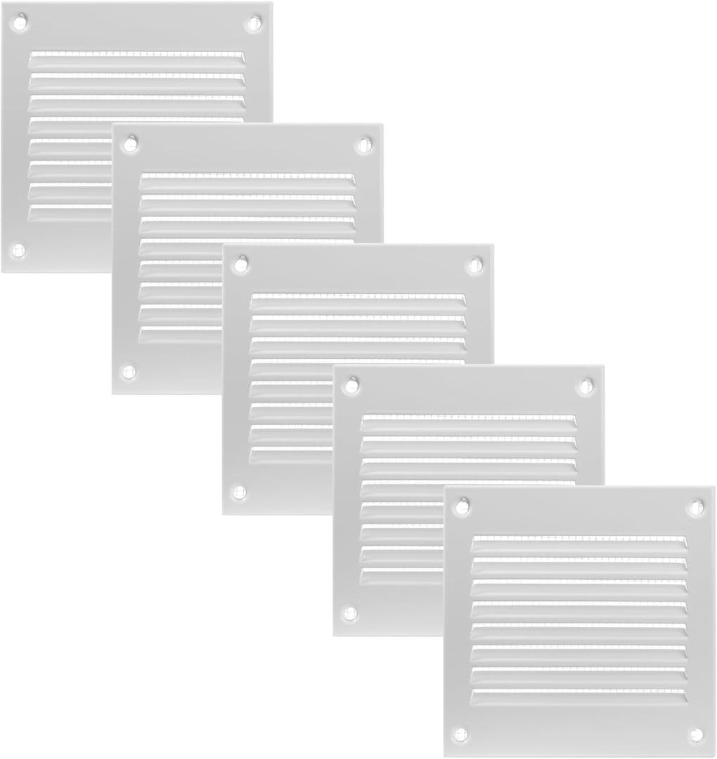 Vent Systems 4'' x 4'' Inch Pack of 5 White Air Vent Cover Metal Air Return Grill with Built in Pest Guard Screen HVAC Vent Cover for Home Improvement Vent Duct Cover 100x100 mm