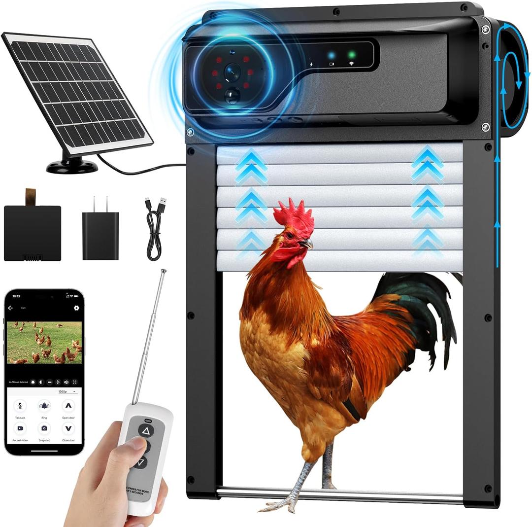 Automatic Chicken Coop Door WiFi with Talkback Function, HD Camera, APP & Remote Control, Timer, Anti-Trap Sensor and Alarm Drive, 5000mAh Battery and Solar Powered Auto Chicken Door (2nd gen)