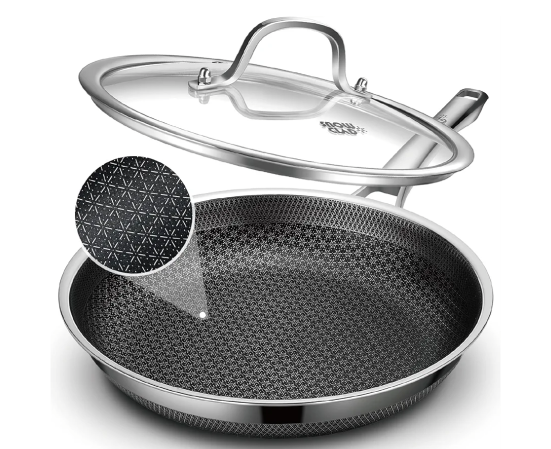 Frying Pan with Lid, 10 Inch Hybrid Non Stick Stainless Steel Skillets, Dishwasher Induction Oven Broiler Safe, Non Toxic Chef's Pan, PFOA Free Cookware