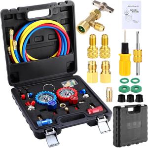 Threlaco 3 Way AC Manifold Gauge Set for R1234yf R134a R22 R32 R410a Refrigerant, Automotive HVAC Diagnostic Gauge with 5FT Hoses Quick Couplers Tank Adapter Can Tap for Car Charging and Evacuation