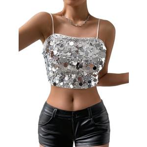 Floerns Women's Contrast Sequin Sleeveless Cropped Cami Shiny Party Camisole Tops Size L