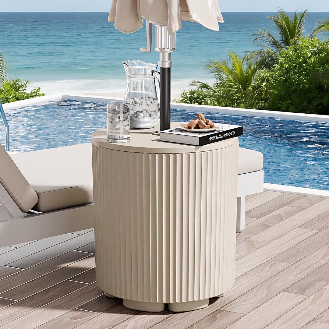 Diyfire Outdoor Umbrella Stand with Hole, Umbrella Side Table, Beige | 1.5 Inch Umbrella Hole, In Pool, Weighted Water Filled Bladder, Fluted Vertical Ribbed Design, All Weather Side Table Base 