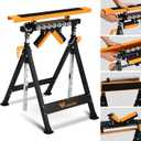 4 in 1 Roller Stand, Stable 440 Lbs Load Capacity with Saw Horses, V-Shaped, Multi-Directional Rollers & Outfeed Roller, Adjustable Height 33- 50, Folding for Woodworking