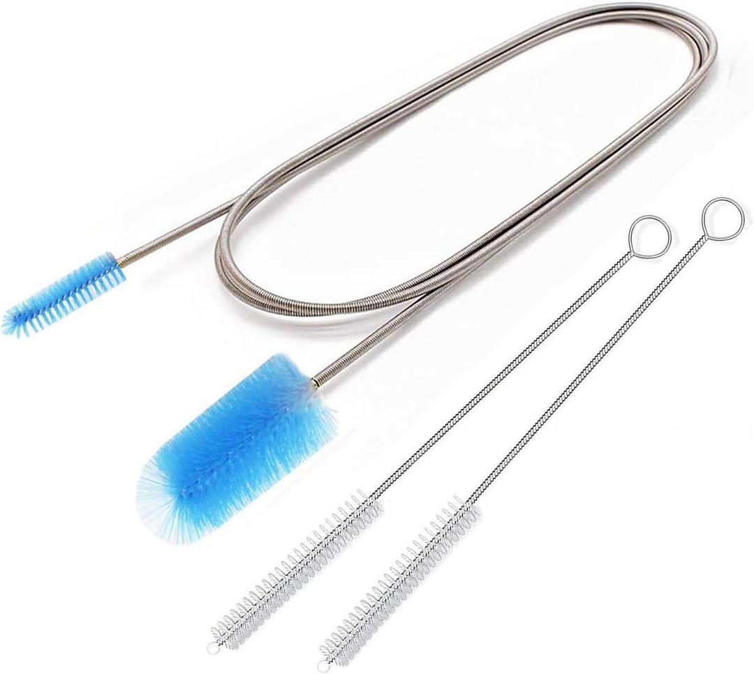 Flexible Drain Brush, Nylon Cleaner Double Ended Elastic Hose Pipe 67-inch and 2 PCS 8.2-inch Straw Cleaning Brush (Blue)