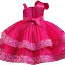 IDOPIP Toddler Girls Birthday Dresses Sequin Tiered Tulle Tutu Flower Girl Wedding Party Dress Little Kids Princess Pageant Formal First Communion Prom Asymmetrical Bowknot Gown Hot Pink 4-5 Years