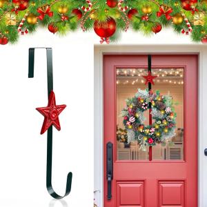 Cast Iron Wreath Hanger for Front Door, Red Star Adjustable Over The Door Hook Wreath Stand, Heavy Duty Door Wreath Hanger and Garland Holder for Fall and Christmas Decorations