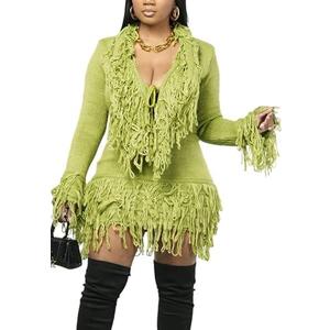 NRTHYE Women 2 Piece Sweater Skirt Set Casual Tassel Long Sleeve Sweaters Fringe Mini Skirt Matching Sexy Club Outfits, L