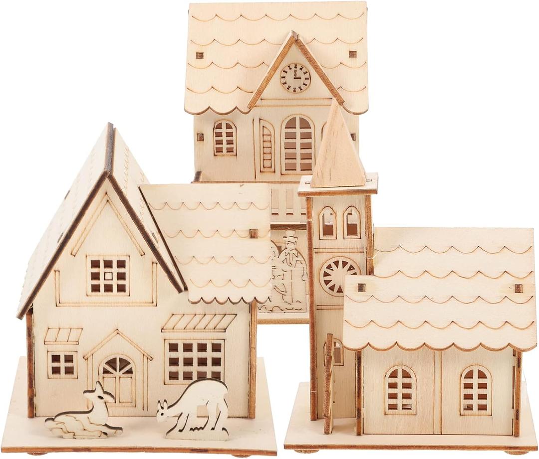 3 Pcs Christmas Village Houses: Led Light Wooden House with Battery, Unfinished Rustic Holiday Village Decor - Perfect for Christmas Table Centerpieces, Xmas Party Decorations,DIY Crafts