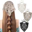 FNANJWQ 3Pcs Crochet Bandanas Headbands Hair Accessories, Triangle Crochet Head Scarf, Hollow Knitted Floral Headscarf Vintage Head Kerchief for Women Girls Decor (Black, Beige, Gray)