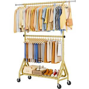 Double Rods Clothing Rack, Heavy Duty Clothes Rack for Hanging Clothes Load 560LBS, Metal Rolling Garment Racks with Wheels, Freestanding Clothes Hanging Racks, Gold
