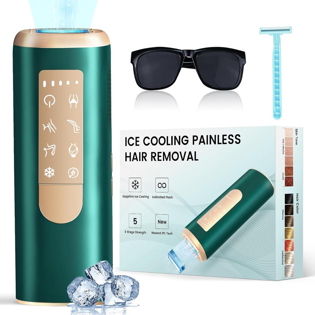 Laser Hair Removal with Sapphire Ice Cooling 40, 20J MAX Painless IPL Laser Hair Removal Device for Women & Men, Full Body & Facial Use, Green