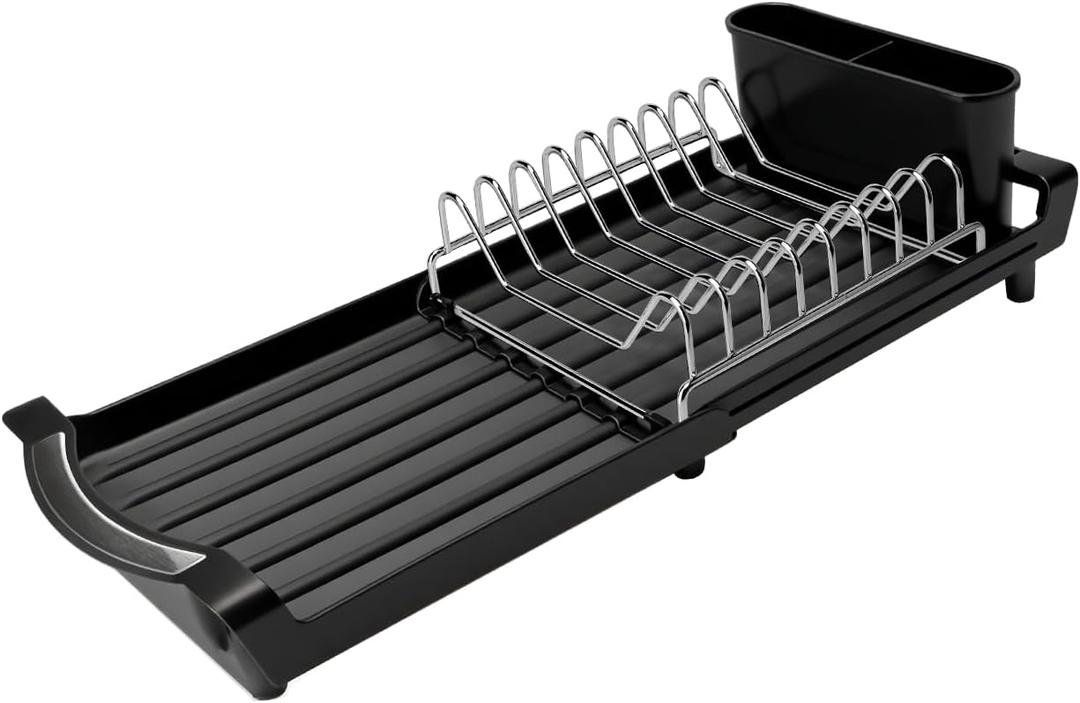 Dish Drying Rack Compact Expandable - A Space-Saving, Stainless Steel, Rust-Resistant Dish Drainer for Kitchen and Apartment Countertops/Sink Cabinets, Extendable from 11.42 to 19.9 inches(Black) (Single)