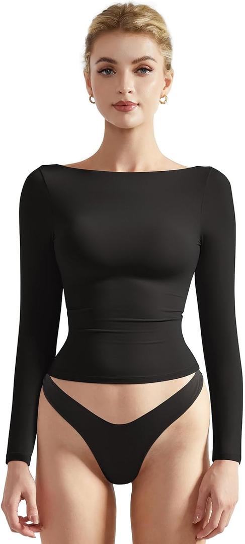 SUUKSESS Women Crew Neck Long Sleeve T Shirts Double Lined Tight Fitted Crop Top (X-Small, Black)