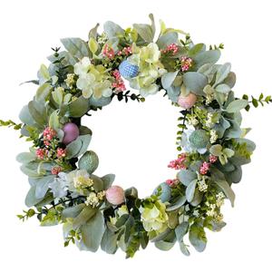 Easter Wreaths for Front Door, 20 inch Easter Door Wreath Decorations with Eggs Lambs Ear Leaves, Artificial Spring Wreath with Hydrangeas Flowers for Home Wall Window Farmhouse Decor