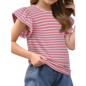 Girls Striped Shirt Flutter Sleeve Top Crewneck Cute Summer T Shirts Casual Tees Pink Stripe 11-12Y (Pink)