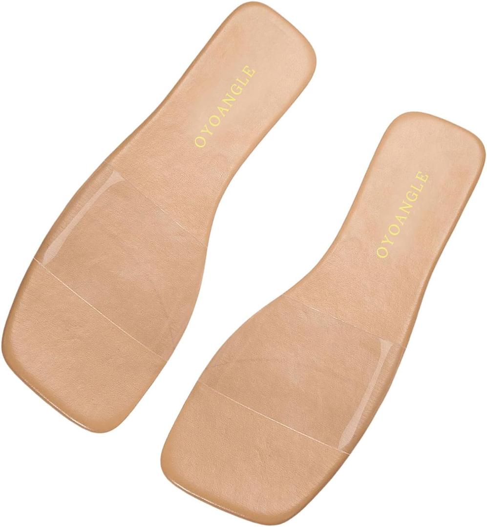 OYOANGLE Women's Clear Square Open Toe Sandals Pu Leather Flat Slide On Sandals Transparent Outdoor Slippers (9, Apricot)