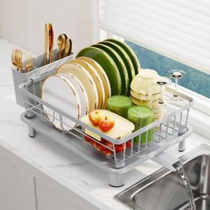 Dish Drainer Rack with Drip Tray, Sink Dish Drainer with Drainage Spout, Stainless Steel Dish Drying Rack with Cups, Utensil & Cutting Board Holders for Kitchen Counter Space-Saving, Grey (Gray)