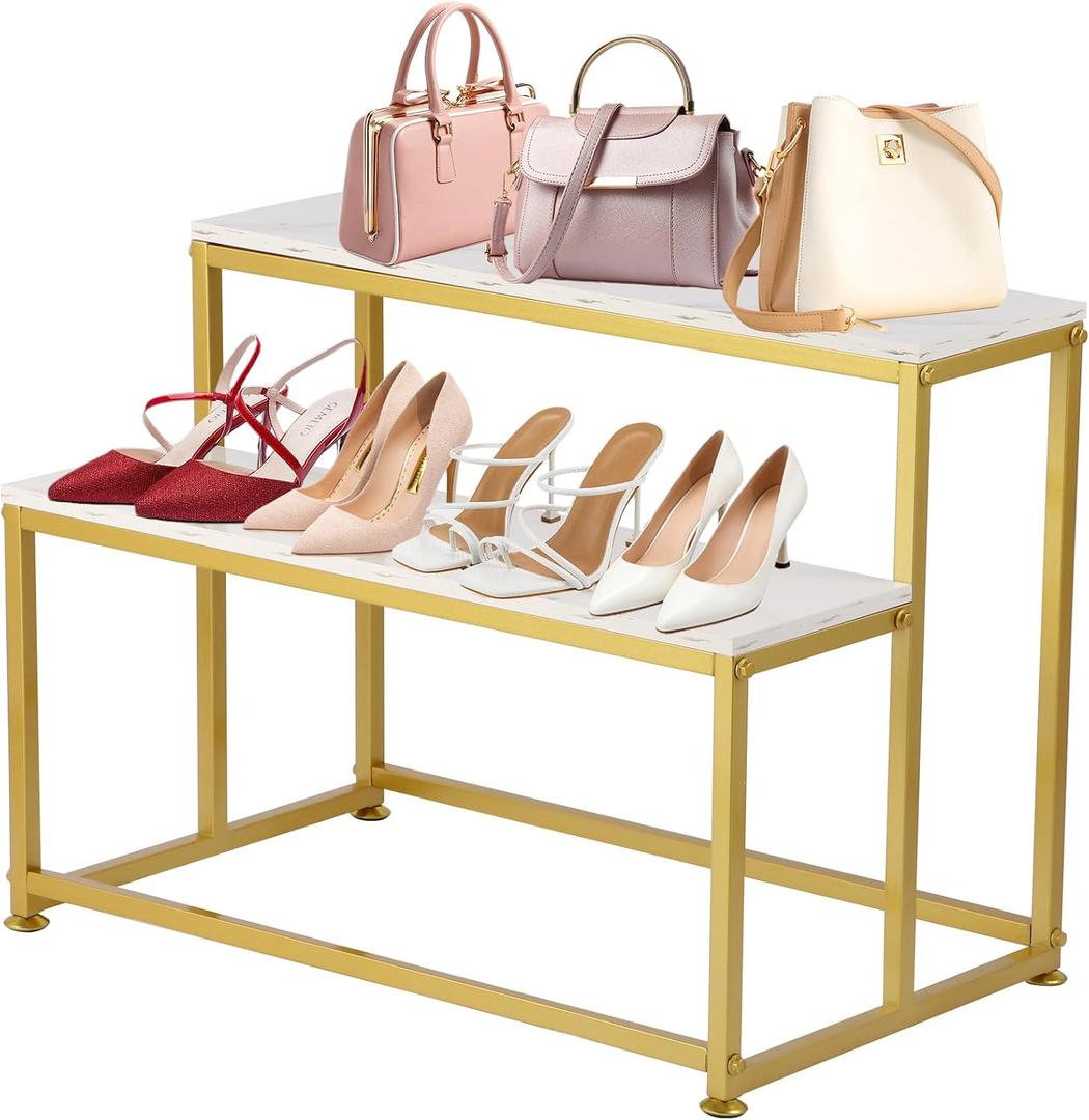 Gold 2-Tier Entryway Shoe Rack & Display Table - Heavy Duty Display Stand for Home, Boutique Display, Store - Shoe Display Stand, Retail Shelving, 39.3"L x 44"H