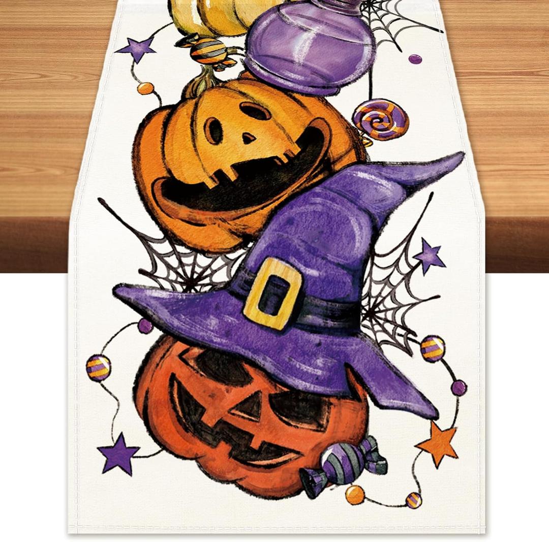 Halloween Pumpkin Spooky Table Runner Witch Hat Spider Webs Burlap Table Runners, Autumn Seasonal Coffee Table Center Decor for Home Kitchen Dining Party Indoor Outdoor 13x90 Inch