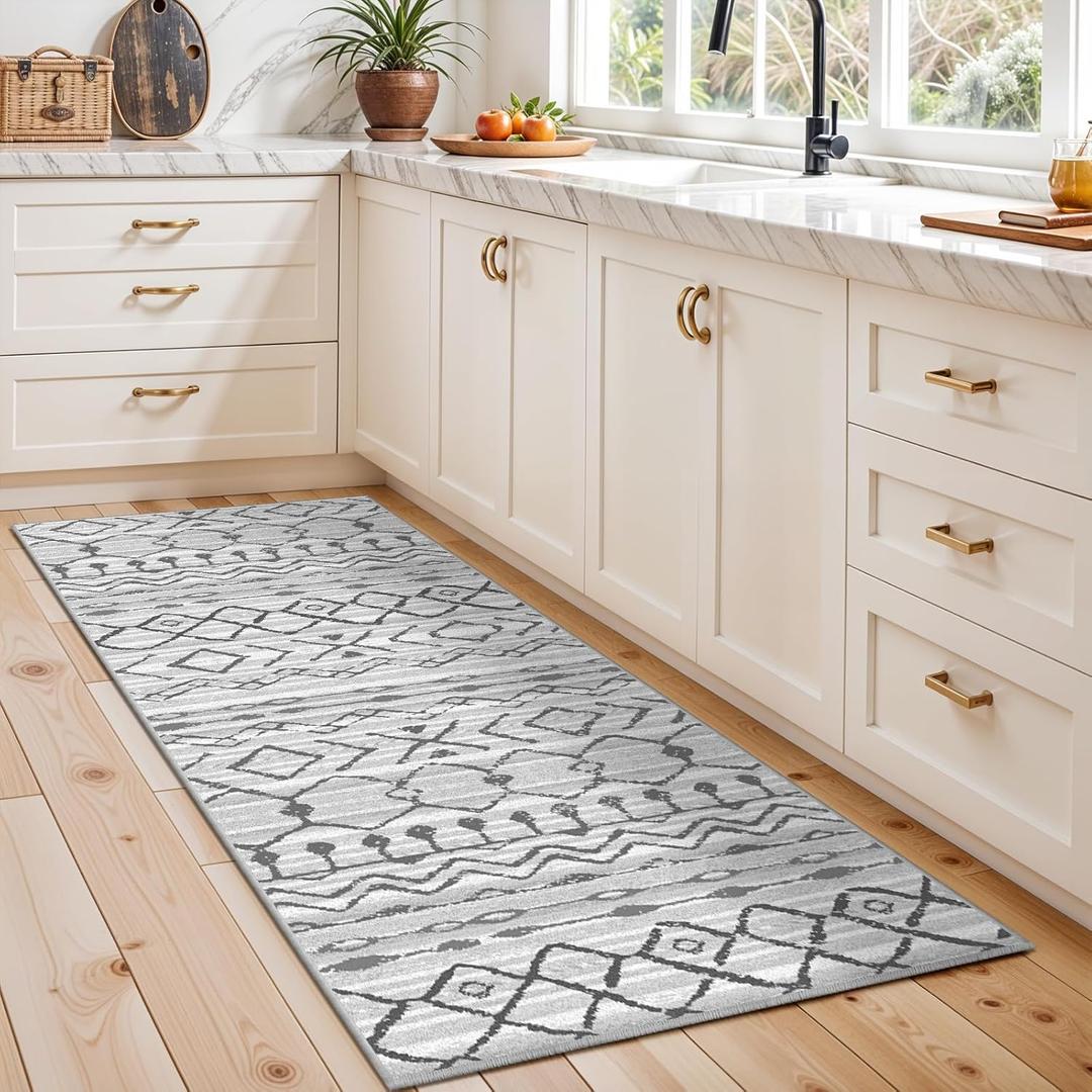 Washable Kitchen Runner Rug for Family: Non-Slip Runners for Hallway Entryway Bedroom - Stain and Water Resistant Rugs Easy to Clean - Soft Low-Pile Bedside Carpet 2'6''x8' Grey