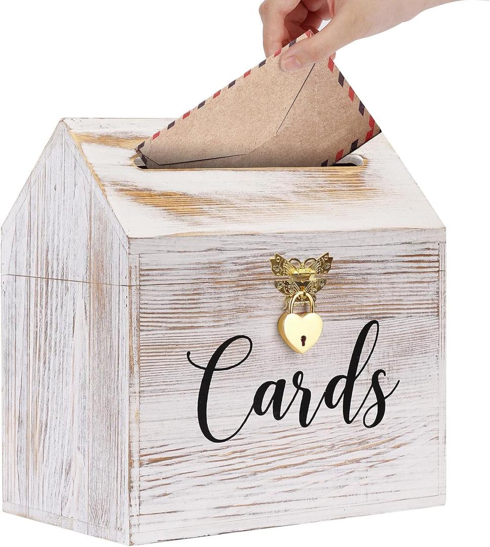 Card Box Wedding Card Box for Reception, Vintage Large Wedding Gift Card Holder Box with Heart Lock, Big Wedding Card Envelope Holder Box with Lid Wood Card Box for Wedding Party, White