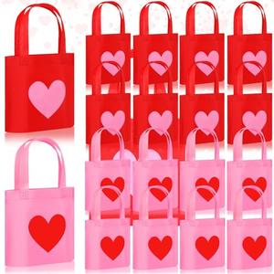 PerKoop 48 Pcs Reusable Valentines Gift Bags Heart Themed Goodie Candy Bags with Handles Non Woven Snack Wrapping for Business Shopping Retail Holiday Wedding Party Gift Supply Favor (Red,Pink)