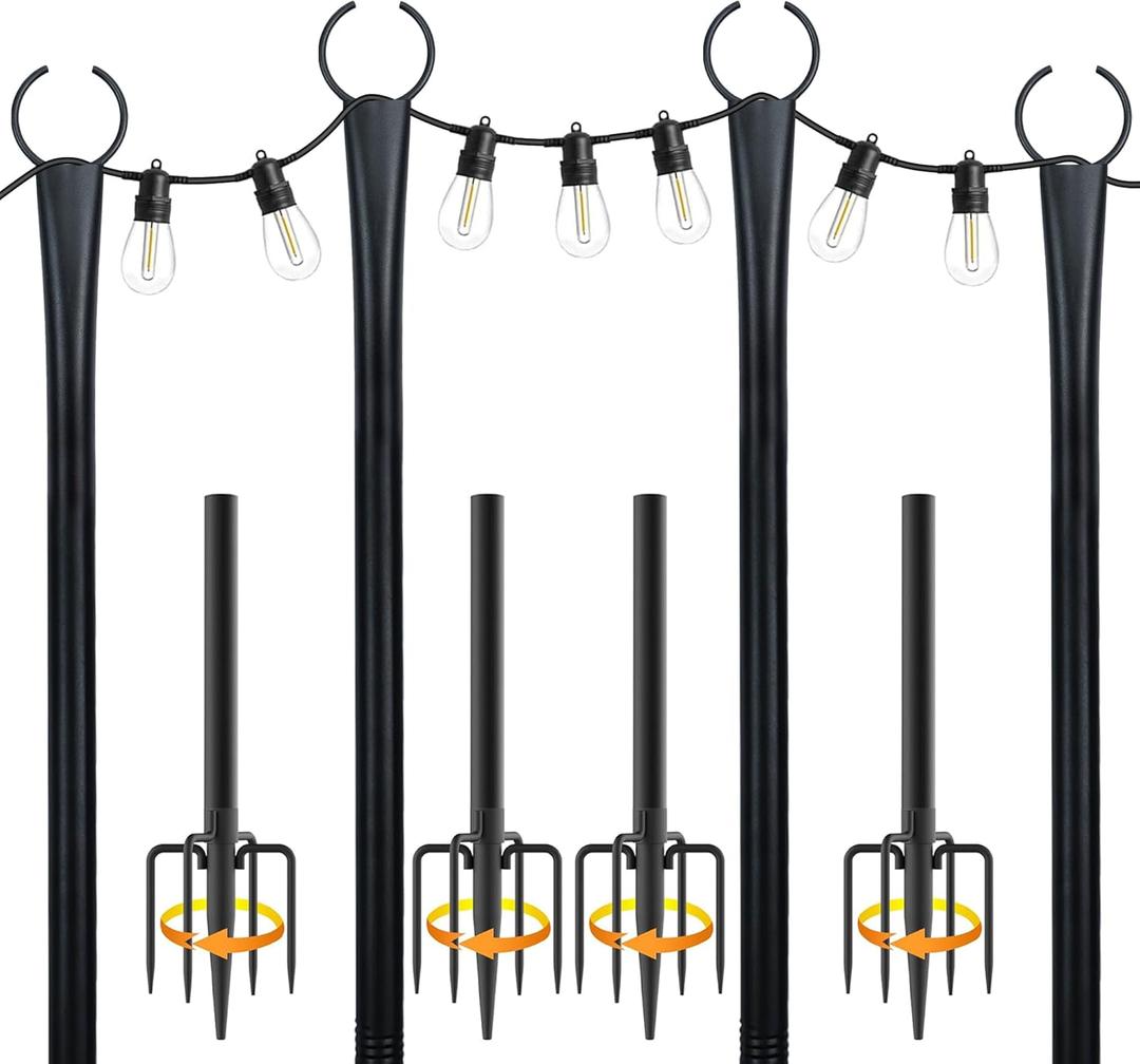 10 Ft String Light Poles for Outside, 4 Pack Heavy-Duty Metal Poles for Outdoor Hanging Lights with Fence Brackets, Outdoor String Light Pole Stand for Patio, Backyard, Garden