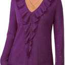 Gaharu Women's Dressy Blouses Long Sleeve Ruffle Shirts Casual Loose Fit Mesh Double Layers Flowy Tunic Tops (Purple)