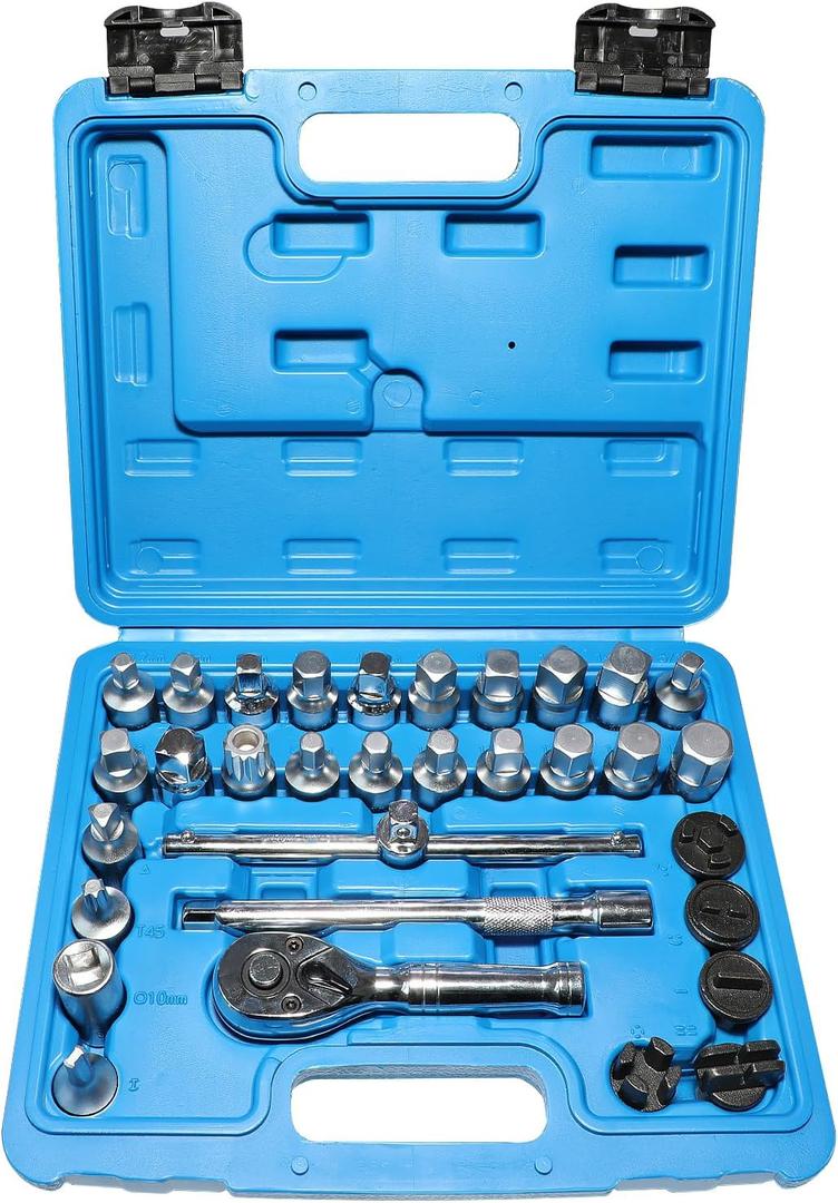 32Pcs Drain Plug Key Set, 3/8" Drive Oil Drain Plug Removal Kit Compatible with GM VW Ford Mercedes Audi BMW with Square Triangle Hex Spline Torx Socket for Oil Sump, Back Axle, Differential, Gearbox
