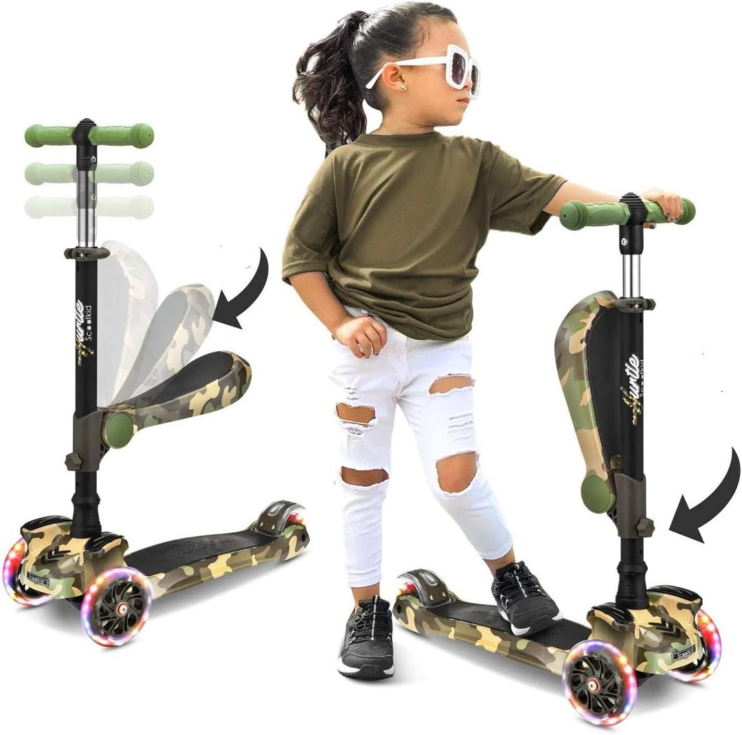 Hurtle 3-Wheeled Scooter for Kids - Wheel LED Lights, Adjustable Lean-to-Steer Handlebar, and Foldable Seat - Sit or Stand Ride with Brake for Boys and Girls Ages 1-14 Years Old (Camouflage)