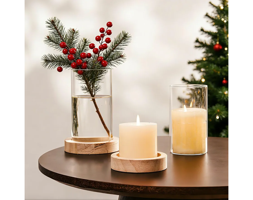 NUPTIO Hurricane Glass Candle Holders: Set of 2 Clear Cylinder Vases with Wooden Plate Base for Pillar Floating Candles Vase for Wedding Centerpiece Coffee Table Decor