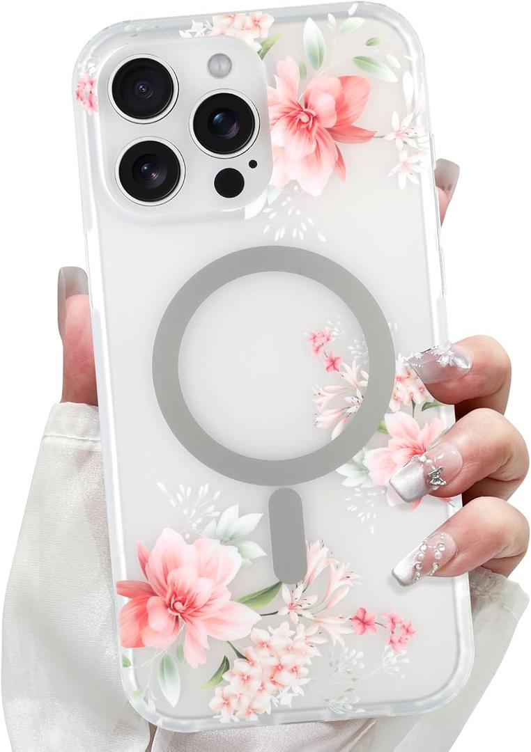 LSL Designed for iPhone 15 Pro Case [Drop Protection/Compatible with Magsafe] Cute Flower Magnetic Phone Case for Women Girly TPU Bumper Floral Cover Pink